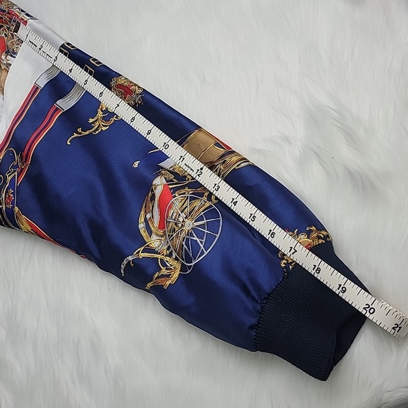 STAGECOACH Print Old Money Reversible Navy Blue Satin Zip Preppy Bomber Jacket - Picture 9 of 9